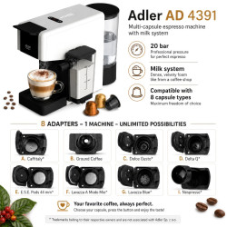 Μηχανή εσπρέσο Adler AD 4391, 1400 W, 20 bar, 0,8 λίτρα, 8 εξαρτήματα, λειτουργία αφρού, λευκό/μαύρο
