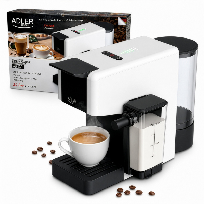 Μηχανή εσπρέσο Adler AD 4391, 1400 W, 20 bar, 0,8 λίτρα, 8 εξαρτήματα, λειτουργία αφρού, λευκό/μαύρο