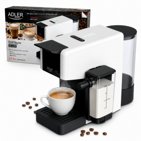 Μηχανή εσπρέσο Adler AD 4391, 1400 W, 20 bar, 0,8 λίτρα, 8 εξαρτήματα, λειτουργία αφρού, λευκό/μαύρο