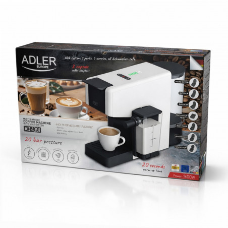 Μηχανή εσπρέσο Adler AD 4391, 1400 W, 20 bar, 0,8 λίτρα, 8 εξαρτήματα, λειτουργία αφρού, λευκό/μαύρο