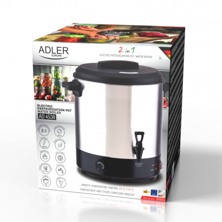 Ηλεκτρικό δοχείο παστερίωσης και βρασμού Adler AD 4538, 3000 W, 28 λίτρα, 30-100 °C, Διατήρηση θερμοκρασίας, Φωτεινή ένδειξη, Ανοξείδωτο/μαύρο
