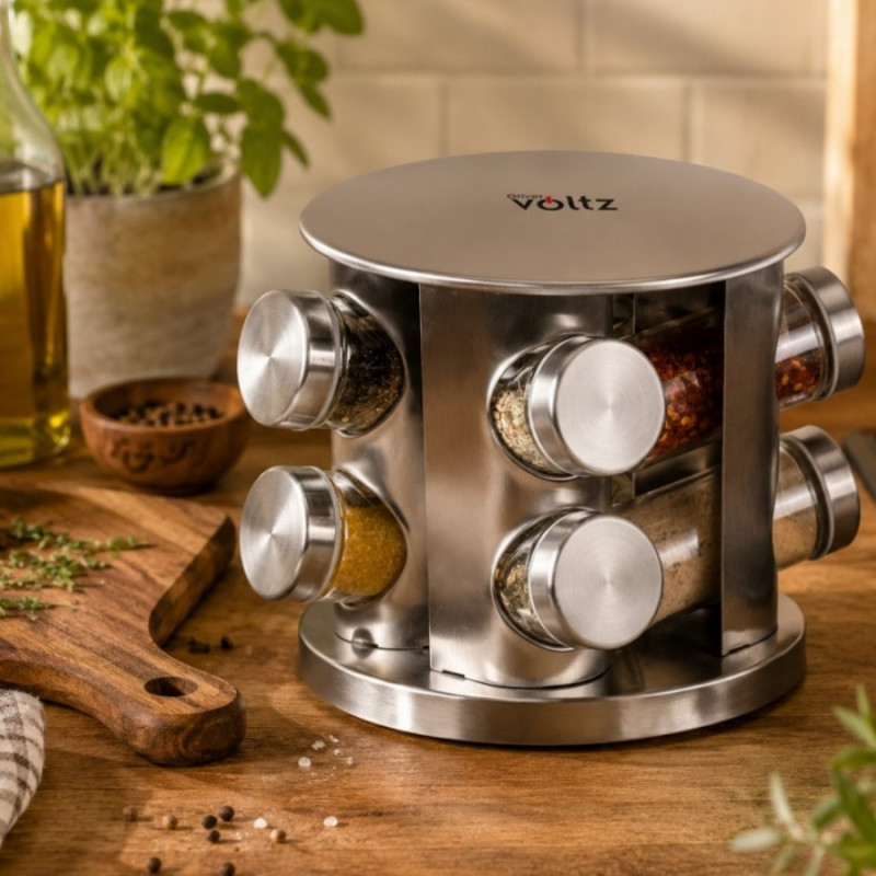 Σετ μπαχαρικών Oliver Voltz OV51217A8, 4 πλευρές, 8 βαζάκια, περιστρεφόμενη βάση, ανοξείδωτο