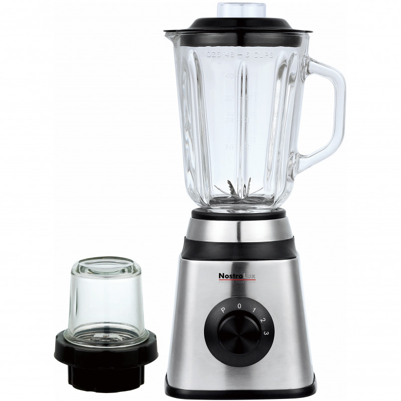 Μπλέντερ 2 σε 1 NostroLux NL51162C, 1000 W, 1,5 λίτρα, 3 ταχύτητες + λειτουργία παλμού, Προστασία, 6 λεπίδες, Εξάρτημα-μύλος, Ανοξείδωτο/μαύρο