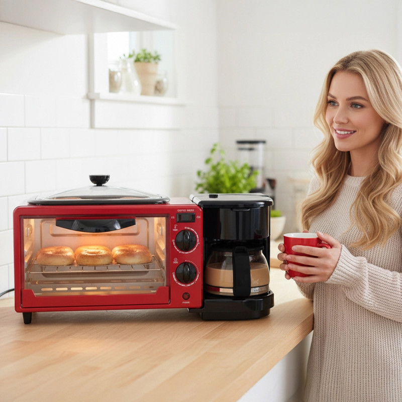 Συνδυαστική συσκευή πρωινού 3 σε 1 NostroLux NL51441G, 1050 W, 9 λίτρα, Γκριλ, Παρασκευή καφέ, Χρονοδιακόπτης, Κυκλοφορία αέρα, Κόκκινο/μαύρο