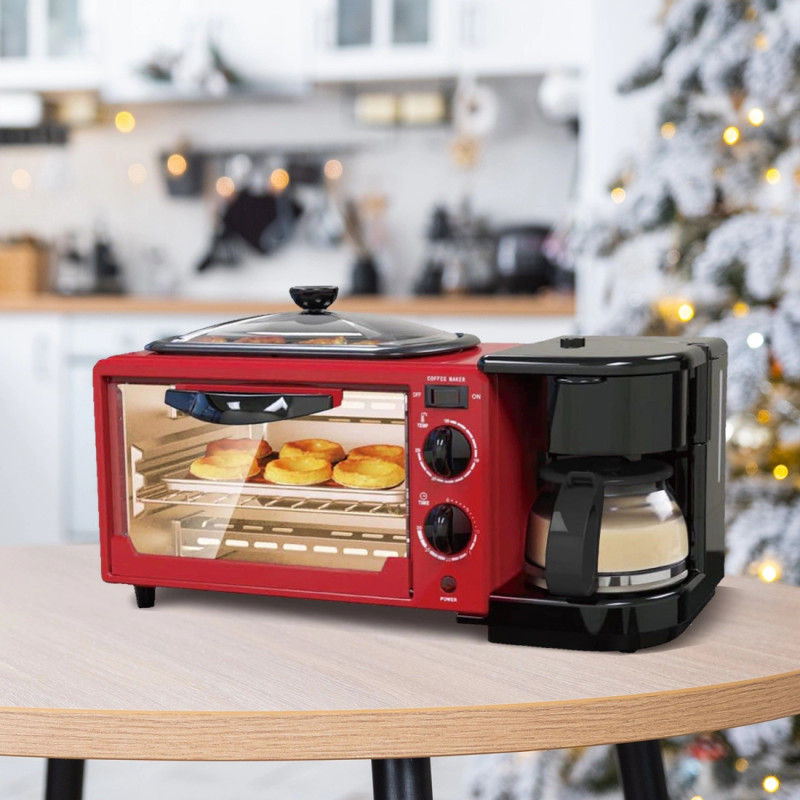 Συνδυαστική συσκευή πρωινού 3 σε 1 NostroLux NL51441G, 1050 W, 9 λίτρα, Γκριλ, Παρασκευή καφέ, Χρονοδιακόπτης, Κυκλοφορία αέρα, Κόκκινο/μαύρο