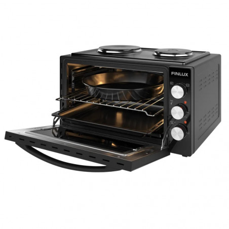 Μικρή κουζίνα Finlux FMC-4545BS, 1600 W, 45 λίτρα, 2 εστίες, Διπλό τζάμι, Φωτισμός, Εμαγιέ εσωτερικό, Μαύρο