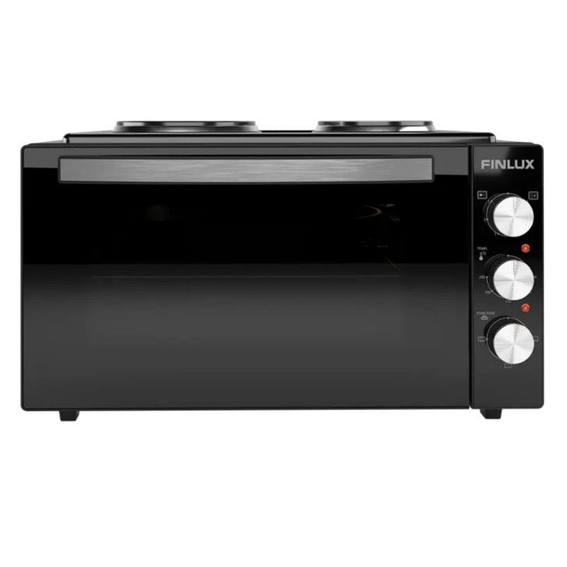 Μικρή κουζίνα Finlux FMC-4545BS, 1600 W, 45 λίτρα, 2 εστίες, Διπλό τζάμι, Φωτισμός, Εμαγιέ εσωτερικό, Μαύρο