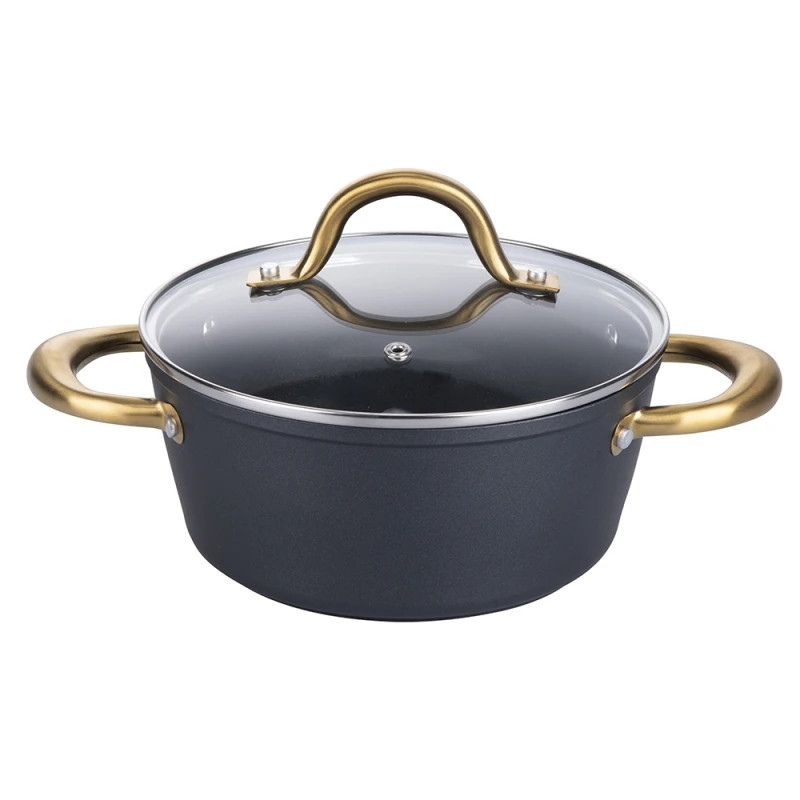 Κατσαρόλα Galileo Premium SChef 5916675, 20 εκ., 1,8 λίτρα, Ενισχυμένο χείλος, Αντικολλητική επίστρωση PPG, Χωρίς PFOA και νικέλιο, Κατάλληλη για επαγωγικές εστίες, Μαύρο/χρυσό