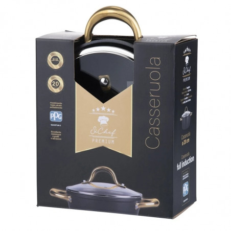 Κατσαρόλα Galileo Premium SChef 5916675, 20 εκ., 1,8 λίτρα, Ενισχυμένο χείλος, Αντικολλητική επίστρωση PPG, Χωρίς PFOA και νικέλιο, Κατάλληλη για επαγωγικές εστίες, Μαύρο/χρυσό