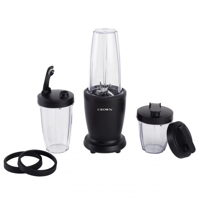 Μπλέντερ Crown CTB-1000, 300 W, 4 λεπίδες, 3 δοχεία με καπάκια – 300/480/540 ml, λειτουργία Pulse, μαύρο