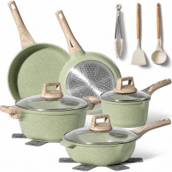 Σετ μαγειρικών σκευών Just Perfecto JL-33SET, 13 τεμάχια, Αλουμίνιο, Επίστρωση μαρμάρου, Γυάλινα καπάκια με οπή εξαγωγής ατμών, Χωρίς PTFE και PFOA, Κατάλληλο για επαγωγικές εστίες, Πράσινο
