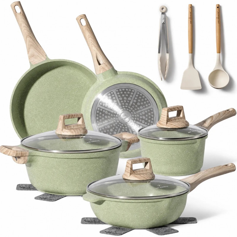 Σετ μαγειρικών σκευών Just Perfecto JL-33SET, 13 τεμάχια, Αλουμίνιο, Επίστρωση μαρμάρου, Γυάλινα καπάκια με οπή εξαγωγής ατμών, Χωρίς PTFE και PFOA, Κατάλληλο για επαγωγικές εστίες, Πράσινο