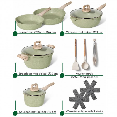 Σετ μαγειρικών σκευών Just Perfecto JL-33SET, 13 τεμάχια, Αλουμίνιο, Επίστρωση μαρμάρου, Γυάλινα καπάκια με οπή εξαγωγής ατμών, Χωρίς PTFE και PFOA, Κατάλληλο για επαγωγικές εστίες, Πράσινο