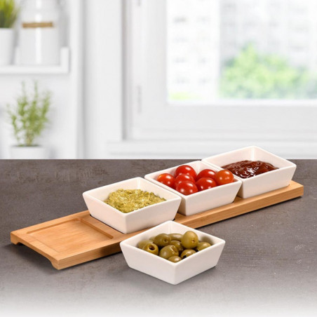 Σετ 4 μπολ σερβιρίσματος Kesper 58065, 5 τεμάχια, 35 εκ., Ξύλινη βάση, Φυσικό/καφέ