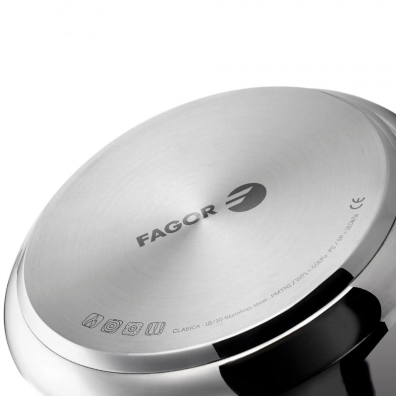 Χύτρα ταχύτητας Fagor Clasica 8L, 55 kPa, 24 εκ., Διακόπτης ασφαλείας, 3 συστήματα προστασίας, Ανοξείδωτο ατσάλι 18/10, Για επαγωγικές εστίες, Ασημί