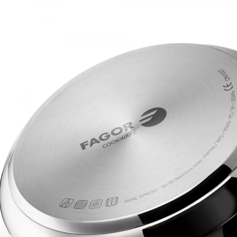 Χύτρα ταχύτητας Fagor Dual Xpress 8L, 30-90 kPa, 22 εκ., 5 μηχανισμοί ασφαλείας, πυθμένας 3 στρωμάτων, ανοξείδωτο ατσάλι 18/10, κατάλληλη για επαγωγικές εστίες, ασημί
