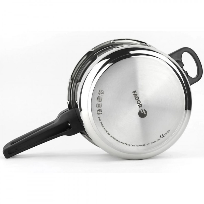 Χύτρα ταχύτητας Fagor Dual Xpress 4+6L, 2 τεμ., 30-90 kPa, 22 εκ., 5 μηχανισμοί ασφαλείας, πυθμένας 3 στρωμάτων, ανοξείδωτο ατσάλι 18/10, Για επαγωγικές εστίες, Ασημί
