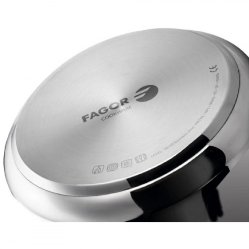 Χύτρα ταχύτητας Fagor Level, 6 λ, 90 kPa, 22 εκ, 5 μηχανισμοί ασφαλείας, πυθμένας 3 στρωμάτων, κατάλληλη για επαγωγικές εστίες, ασημί
