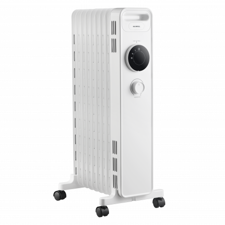 Θερμαντικό σώμα με λάδι KUMTEL KUM-1225S, 2000 W, 9 πτερύγια, 3 επίπεδα θέρμανσης, ρυθμιζόμενος θερμοστάτης, ροδάκια, λευκό