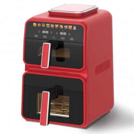 Φριτέζα με ζεστό αέρα NostroLux Noir-Rogue NL51980CD, 3000 W, 4,5+6,5 λίτρα, 12 προγράμματα, Έως 200°C, 2 ανεξάρτητες ζώνες, Αφυδάτωση, Συγχρονισμός, Οθόνη αφής, Χρονόμετρο, Κόκκινο/μαύρο