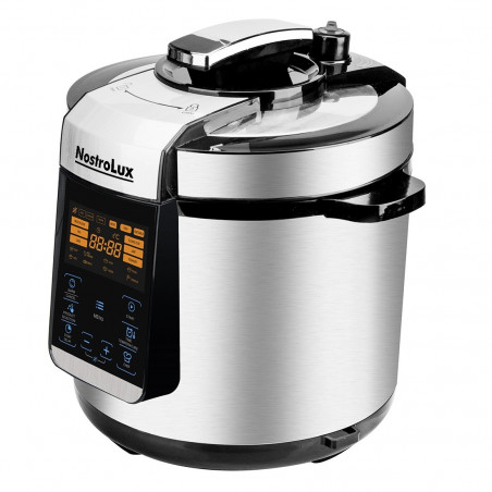Πολυμάγειρας υπό πίεση NostroLux NL51985H6, 1000 W, 6 λ, 70 kPa, χρονοδιακόπτης 24 ωρών, 15 προγράμματα, μεγάλη οθόνη LED, χειριστήριο αφής, ανοξείδωτο