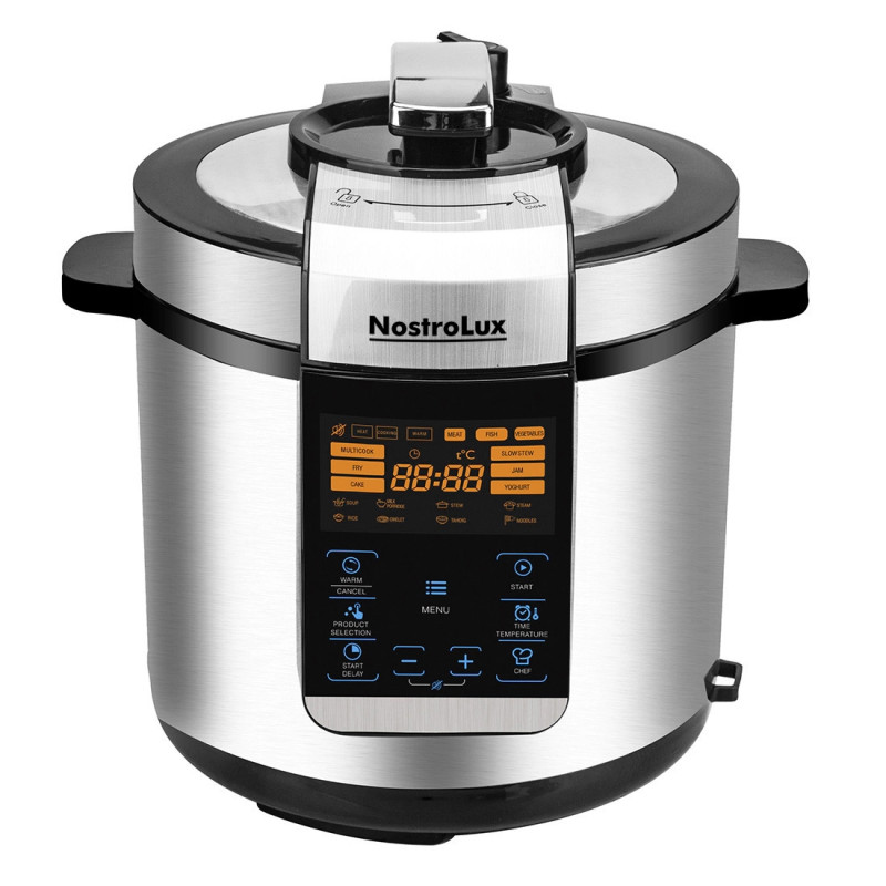 Πολυμάγειρας υπό πίεση NostroLux NL51985H6, 1000 W, 6 λ, 70 kPa, χρονοδιακόπτης 24 ωρών, 15 προγράμματα, μεγάλη οθόνη LED, χειριστήριο αφής, ανοξείδωτο