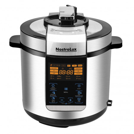 Πολυμάγειρας υπό πίεση NostroLux NL51985H6, 1000 W, 6 λ, 70 kPa, χρονοδιακόπτης 24 ωρών, 15 προγράμματα, μεγάλη οθόνη LED, χειριστήριο αφής, ανοξείδωτο