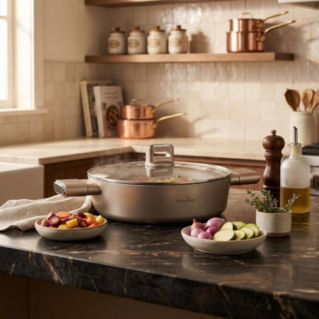 Ρηχή κατσαρόλα Swiss Haus SH-SCLC24CH, 2,8 λ, 24 εκ, κεραμική επίστρωση Sapphire, κατάλληλη για φούρνο έως 160 °C, επαγωγική εστία, χρώμα σαμπάνιας