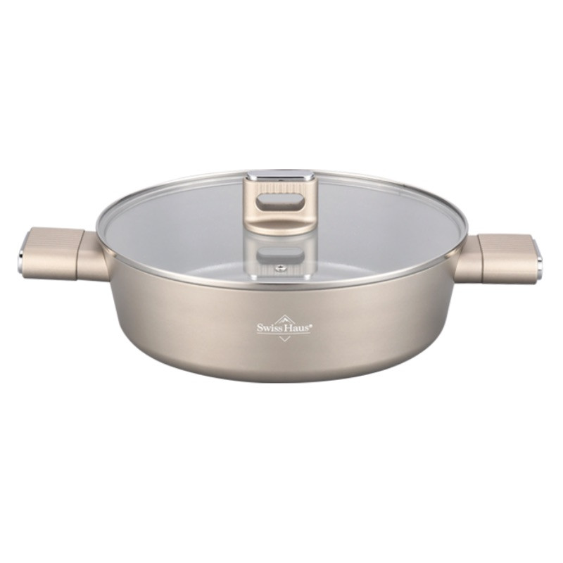 Ρηχή κατσαρόλα Swiss Haus SH-SCLC24CH, 2,8 λ, 24 εκ, κεραμική επίστρωση Sapphire, κατάλληλη για φούρνο έως 160 °C, επαγωγική εστία, χρώμα σαμπάνιας