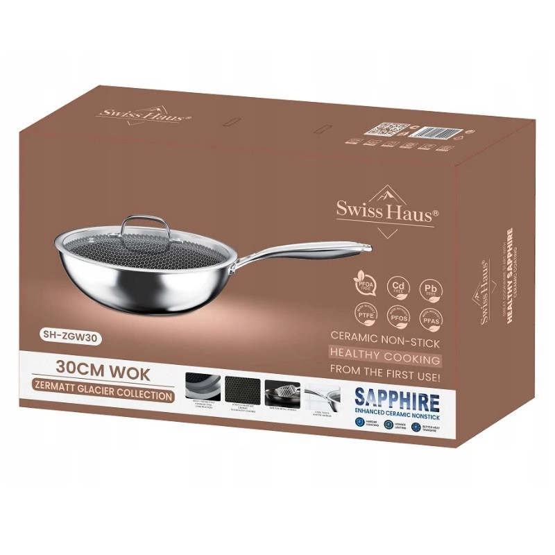 Τηγάνι Swiss Haus SteelCRAFT SH-ZGW30, 30 εκ., 4,8 λ., Εσωτερική επιφάνεια με ανάγλυφη υφή για ψήσιμο, Κεραμική επίστρωση Sapphire, Κατάλληλο για φούρνο έως 260 °C, Κατάλληλο για επαγωγικές εστίες, Ασημί