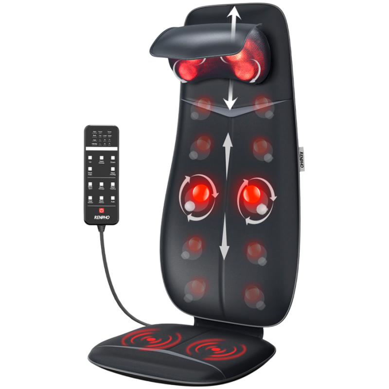 Μαξιλάρι μασάζ Σιάτσου RENPHO Neck & Back Massage Cushion - S-, 48W, 4 ζώνες, 3 επίπεδα έντασης, Θέρμανση έως 45°C, Ρυθμιζόμενο, Τηλεχειριστήριο, Μαύρο