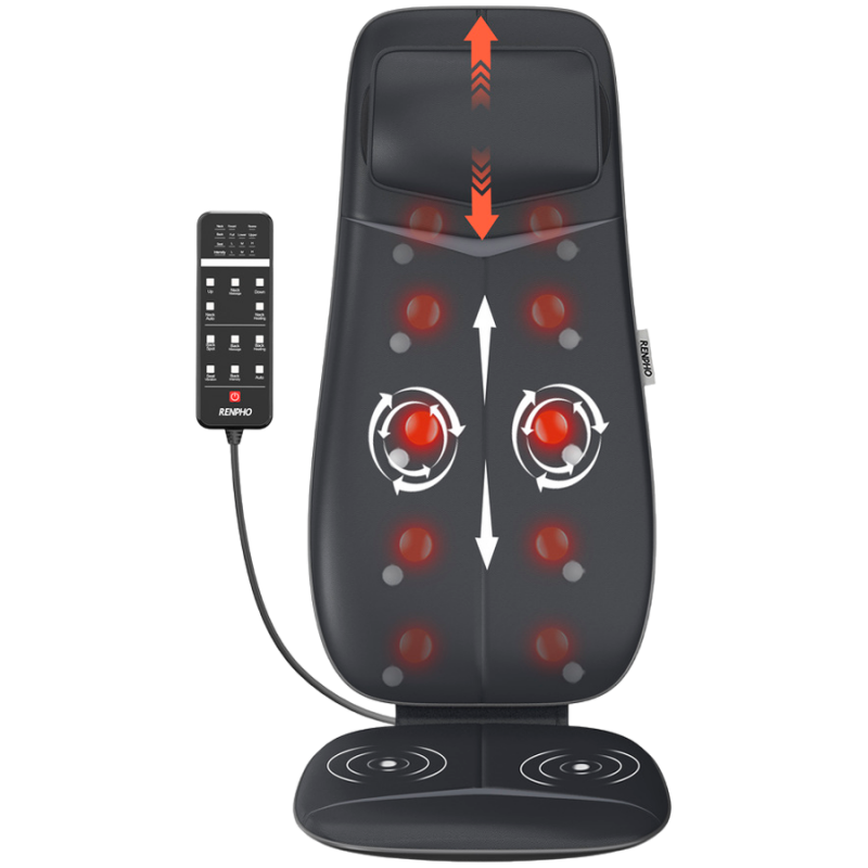 Μαξιλάρι μασάζ Σιάτσου RENPHO Neck & Back Massage Cushion - S-, 48W, 4 ζώνες, 3 επίπεδα έντασης, Θέρμανση έως 45°C, Ρυθμιζόμενο, Τηλεχειριστήριο, Μαύρο
