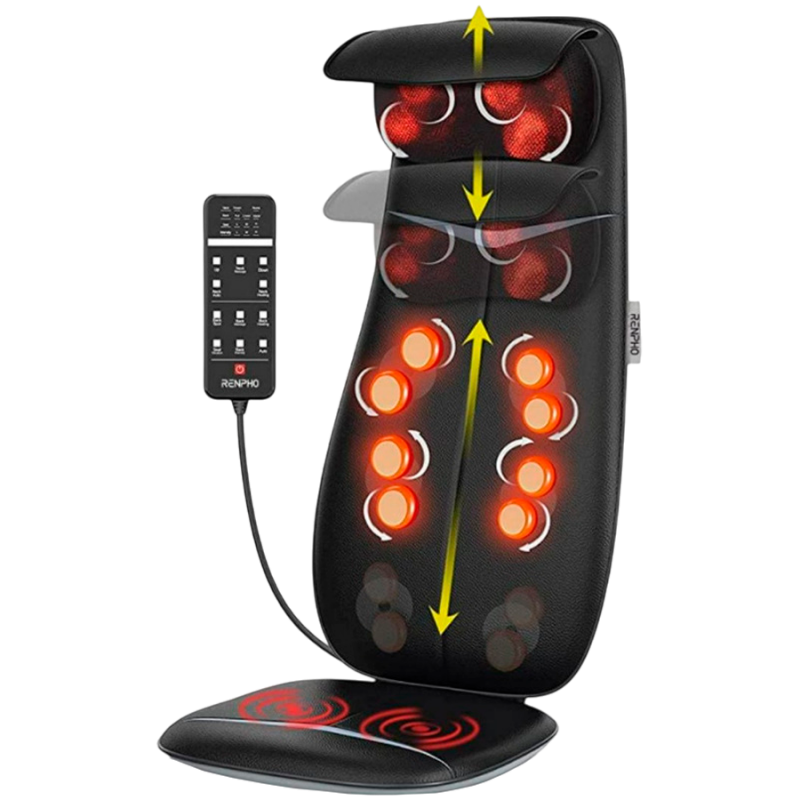 Μαξιλάρι μασάζ Σιάτσου RENPHO Neck & Back Massage Cushion - S-, 48W, 4 ζώνες, 3 επίπεδα έντασης, Θέρμανση έως 45°C, Ρυθμιζόμενο, Τηλεχειριστήριο, Μαύρο
