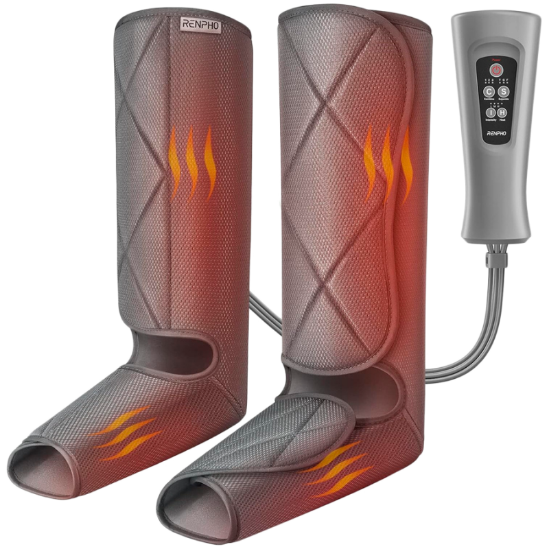 Συμπιεστικό μασάζ για τα πόδια RENPHO Foot & Calf Air Massager, 24W, Θέρμανση, 3 επίπεδα, Λειτουργίες μασάζ, Μνήμη, Ένδειξη θερμοκρασίας, Προστασίες, Γκρι