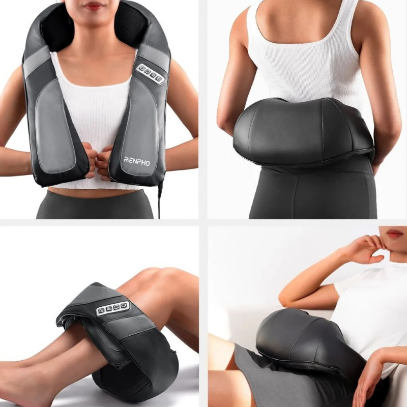 Φορητό μασάζ σιάτσου RENPHO U-Neck Go, 24W, 8 κεφαλές, 2 κατευθύνσεις, 3 επίπεδα έντασης, Θέρμανση έως 45°C, δερματίνη PU + αναπνεύσιμο ύφασμα, Μαύρο