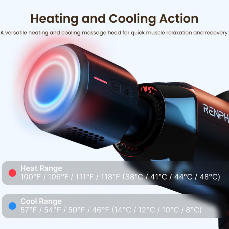 Πιστόλι μασάζ RENPHO Power+, 15 W, 150 λεπτά, 6 ταχύτητες, 1850-2600 σ.α.λ., 4 επίπεδα ψύξης/θέρμανσης, χρονοδιακόπτης, οθόνη αφής, Bluetooth, μαύρο