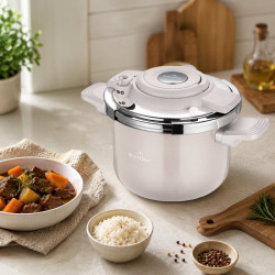 Χύτρα ταχύτητας Swiss Haus SH-PC6LCR, 6 λίτρα, 22 εκ., κατασκευή τριών στρωμάτων, δείκτης στάθμης νερού, κεραμική επίστρωση Sapphire, συμβατή με επαγωγικές εστίες, κρεμ