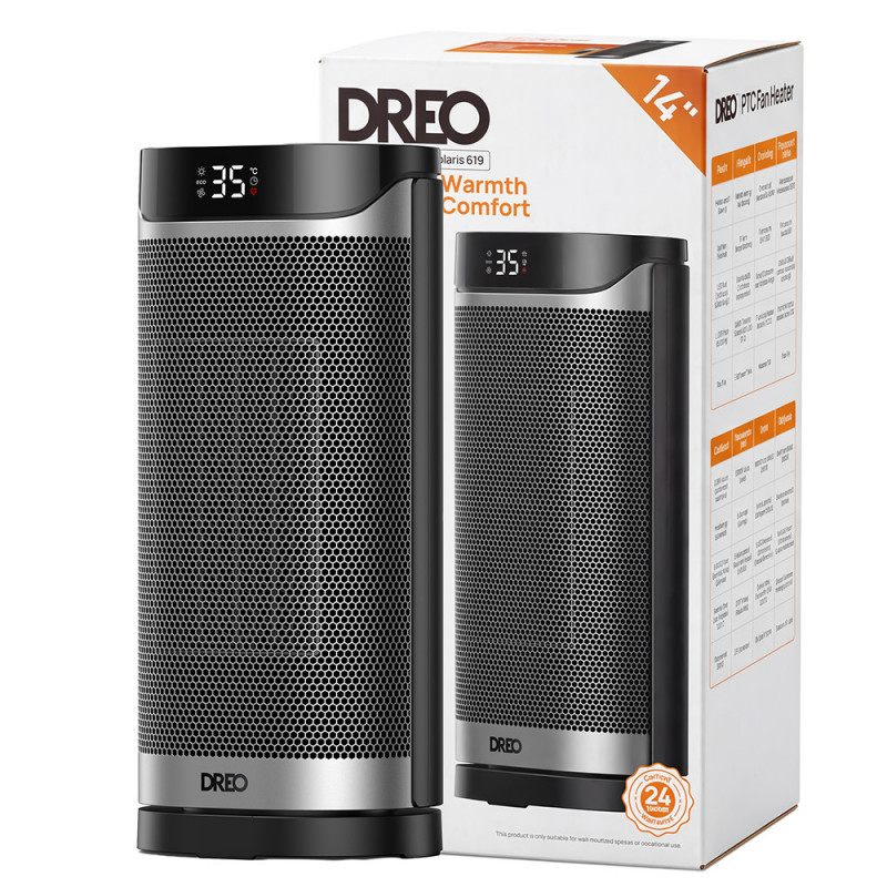 Θερμαντήρας με ανεμιστήρα DREO Solaris 619, 2000 W, 20 μ², PTC, 5 λειτουργίες, 8 επίπεδα προστασίας, χρονοδιακόπτης, τηλεχειριστήριο, περιστροφή 70°, 5-35 °C, Μαύρο/γκρι