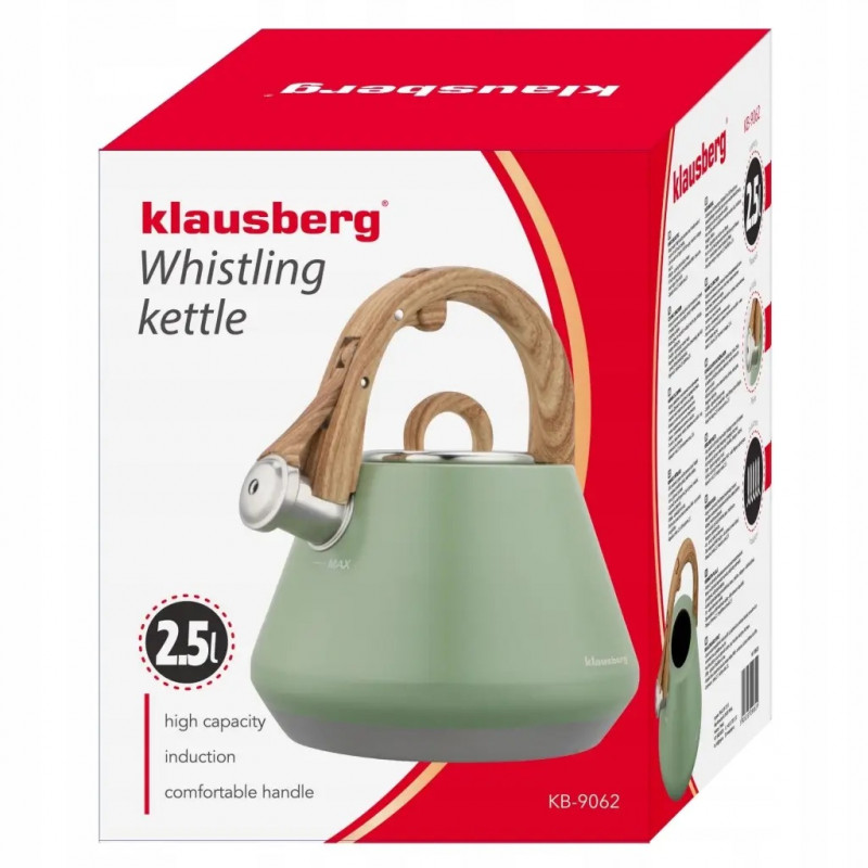 Βραστήρας με σφυρίχτρα Klausberg KB 9062, 2,5 λίτρα, Ανοξείδωτο ατσάλι, Λαβή που δεν ζεσταίνεται, Για επαγωγικές εστίες, Πράσινος