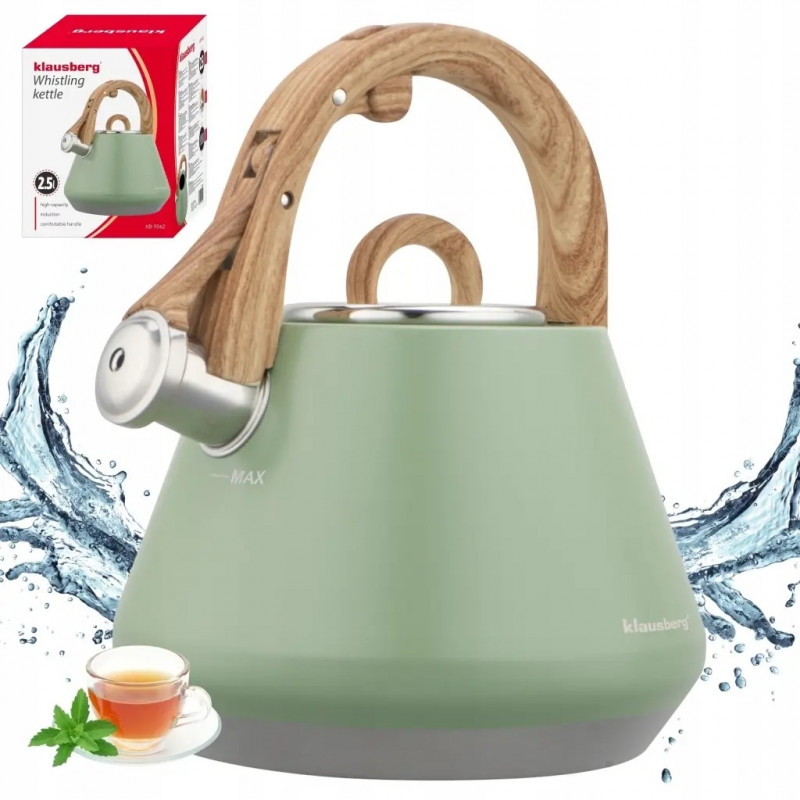 Βραστήρας με σφυρίχτρα Klausberg KB 9062, 2,5 λίτρα, Ανοξείδωτο ατσάλι, Λαβή που δεν ζεσταίνεται, Για επαγωγικές εστίες, Πράσινος