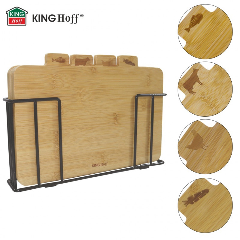 Σετ 4 ξύλινων σανίδων κοπής με βάση Kinghoff KH 2010, 28,5 × 20 εκ., με επιγραφές, από μπαμπού, μαύρες