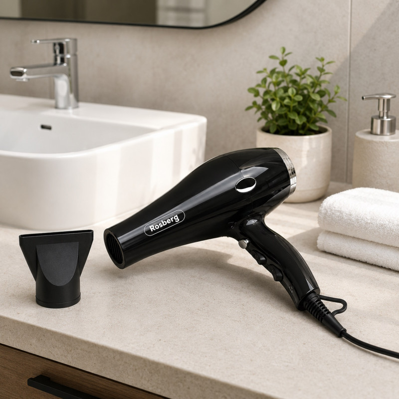 Στεγνωτήρας μαλλιών Rosberg Premium RP51100T, 2000 W, 2 ταχύτητες, 3 επίπεδα θερμότητας, Ψυχρή ροή, Εστιακός σωλήνας, Μαύρο