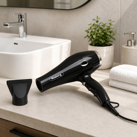 Στεγνωτήρας μαλλιών Rosberg Premium RP51100T, 2000 W, 2 ταχύτητες, 3 επίπεδα θερμότητας, Ψυχρή ροή, Εστιακός σωλήνας, Μαύρο