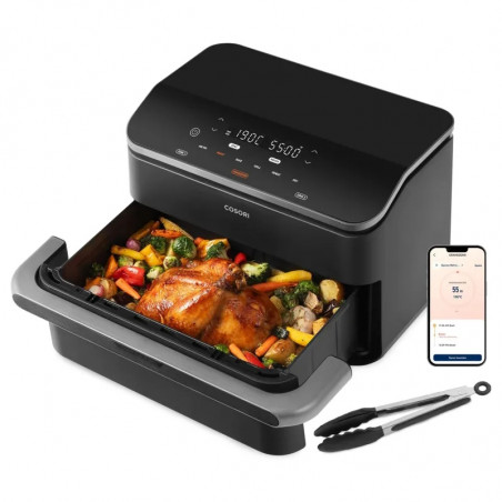 Διπλή φριτέζα θερμού αέρα Cosori Dual Blaze TwinFry CAF-TF102S-AEUR, 10 λίτρα, 6 προγράμματα, 35-240 °C, χρονοδιακόπτης, ThermoIQ, συγχρονισμένο μαγείρεμα και τερματισμός, Μαύρο/Ασημί