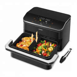 Διπλή φριτέζα θερμού αέρα Cosori Dual Blaze TwinFry CAF-TF102S-AEUR, 10 λίτρα, 6 προγράμματα, 35-240 °C, χρονοδιακόπτης, ThermoIQ, συγχρονισμένο μαγείρεμα και τερματισμός, Μαύρο/Ασημί