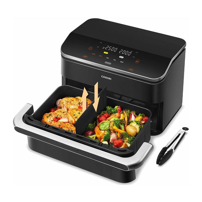 Διπλή φριτέζα θερμού αέρα Cosori Dual Blaze TwinFry CAF-TF102S-AEUR, 10 λίτρα, 6 προγράμματα, 35-240 °C, χρονοδιακόπτης, ThermoIQ, συγχρονισμένο μαγείρεμα και τερματισμός, Μαύρο/Ασημί