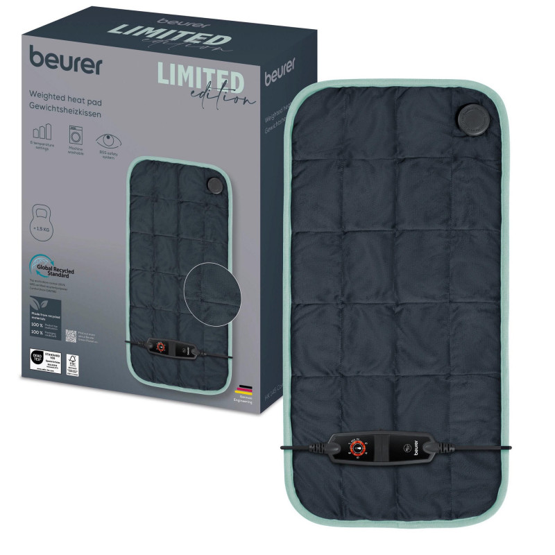 Θερμική κουβέρτα Beurer BF HK 145 Cosy Weight Green Planet LE, 100 W, 30 × 60 εκ., 6 επίπεδα θερμότητας, Σύστημα ασφαλείας, Αναπνέον πολυεστέρας, Πλύσιμο στους 30 °C, Σκούρο γκρι/μπλε