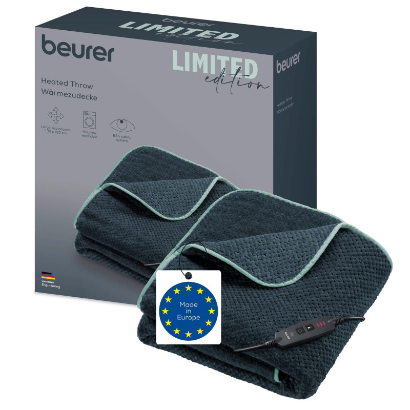 Ηλεκτρική κουβέρτα Beurer BF HD 65 Dark Grey LE, 100 W, 180 × 130 εκ., 3 επίπεδα θερμότητας, Σύστημα ασφαλείας, Αναπνεύσιμο πολυεστέρα, OEKO-TEX®, Πλύσιμο στους 30 °C, Σκούρο γκρι/μπλε