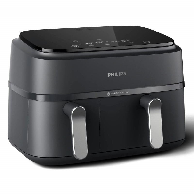 Διπλή φριτέζα θερμού αέρα Philips NA351/00, 2750 W, 6+3 λίτρα, 80-200 °C, 1,5 κιλά, 8 προγράμματα, οθόνη αφής, αντιγραφή και συγχρονισμός, Μαύρο/Ασημί