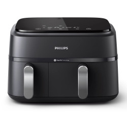 Διπλή φριτέζα θερμού αέρα Philips NA351/00, 2750 W, 6+3 λίτρα, 80-200 °C, 1,5 κιλά, 8 προγράμματα, οθόνη αφής, αντιγραφή και συγχρονισμός, Μαύρο/Ασημί